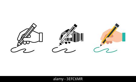 Hand halten Bleistift Symbol Set für Zeichnen und Schreiben Umriss einfarbig und Farbe flache Vektor Illustration Stock Vektor