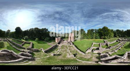 Panoramablick auf die Klosterruine St. Michael mit Steinmauern, Turmresten, Gras und Wald auf Heiligenberg in Heidelberg. Stockfoto