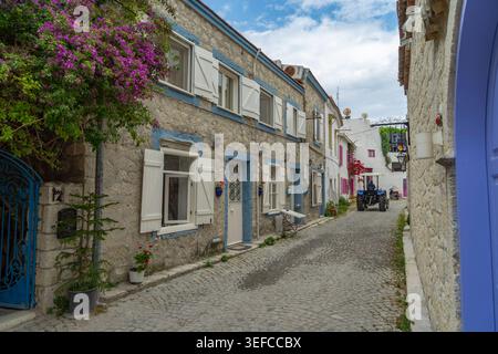 Traditionelle Steinhäuser mit weißen Fensterläden und rosa Bougainvillea-Blumen in einer engen Kopfsteinpflasterstraße in der Altstadt von Alacati, Izmir, Türkei. Stockfoto