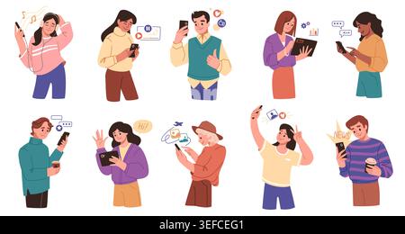 Die Leute benutzen das Telefon. Glückliche Social Media Internet-Frau Person, Schüler hört Musik oder Freunde Netzwerk mobiler Chat, digitale Kommunikation, Inhalte Sharing Stock Vektor
