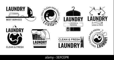 Logo für Wäsche. Waschmaschinenservice, Vintage-Waschkorb oder Retro-Waschsalon-Logo, Embleme der Housekeeping. Gewerbliches Firmenzeichen für den Haushalt. Schwarze Silhouettenelemente. Vektorsymbole festgelegt Stock Vektor