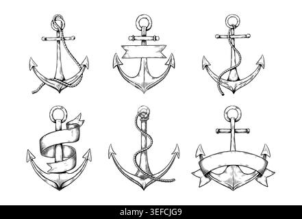 Vintage-Anker. Handgezeichnete nautische Kartenskizze mit Seilen und leeren Bändern, Kritzelornamenten oder alten antiken Geographiegeräten. Embleme Set. Von Hand gezogenes isoliertes Element. Vektorabbildung Stock Vektor