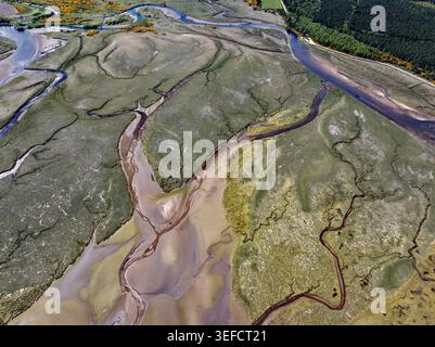 Aus der Vogelperspektive der Findhorn Bay zeigt das komplizierte Netz von Gezeitenkanälen, Sandbänken und üppigen grünen Sumpfgebieten in Findhorn, Schottland, Großbritannien. Stockfoto