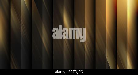 Ein luxuriöser abstrakter Hintergrund mit dunkelgoldenen vertikalen Paneelen mit scharfen diagonalen Lichtreflexen und warmen Metallic-Tönen. Stockfoto