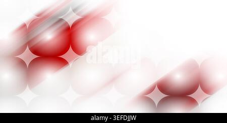 Ein klarer abstrakter Hintergrund mit einem Raster aus rot-weiß leuchtenden Kugeln, der teilweise in einen rein weißen Hintergrund mit hellen Streifen übergeht. Stockfoto