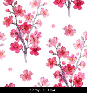 Elegantes, nahtloses Aquarellmuster mit blühenden Kirschblütenzweigen mit leuchtenden rosa und roten Blüten. Handgezeichnete botanische Illustration Stockfoto