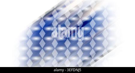Ein abstrakter, weicher Hintergrund mit einem sich wiederholenden Rautenmuster in Blau- und Weißtönen, das zu einem sauberen weißen Hintergrund verblasst. Stockfoto