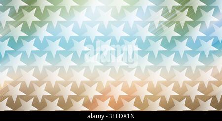 Ein weicher, mehrfarbiger Hintergrund, der durch Blau-, Grün- und Orangetöne übergeht und mit einem sich wiederholenden Muster weißer Sterne überlagert wird. Stockfoto