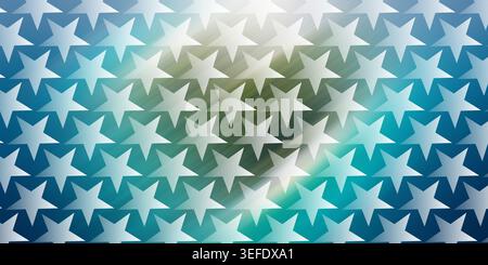 Ein nahtloses Muster aus weißen Sternen, die in einem Raster über einem weichen, leuchtend blau-blaugrünen Farbverlauf angeordnet sind, schafft ein modernes und festliches Design. Stockfoto