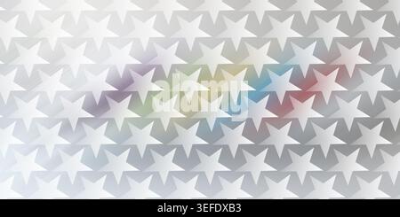 Ein digitaler Hintergrund mit einem sich wiederholenden Muster weißer Sterne mit einem weichen, mehrfarbigen Regenbogenlichteffekt, der in der Mitte leuchtet. Stockfoto