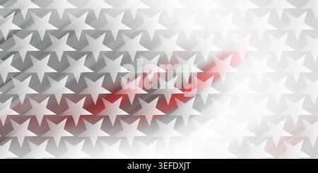 Heller abstrakter Hintergrund mit einem sich wiederholenden Muster weißer Sterne mit einem dezenten roten Streifen und weichen hellgrauen Schatten. Stockfoto