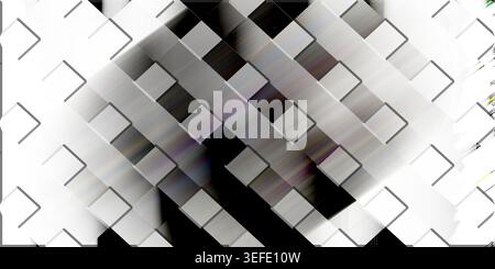 Ein kontrastreicher abstrakter Hintergrund mit einem sich wiederholenden Muster aus diagonalen weißen und schwarzen quadratischen Fliesen mit Bewegungsunschärfe. Stockfoto