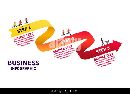 Infografik zur Business-Roadmap mit 3 Schritten und Fortschrittsband mit laufenden Personen und Einkaufswagen Stock Vektor