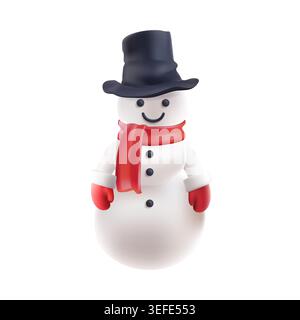 3D Schneemann nettes Maskottchen, Schneeballmann im Winter frostiges Licht. Fröhliche Figur in rotem Schal, Fäustlingen und Neujahrsmütze für Weihnachtskarte. Lustiges Eisfest Stock Vektor