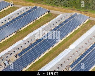 Luftaufnahme der Solarpaneele auf den Dächern langer Industriegebäude, umgeben von grünen Feldern Slowenien. Stockfoto