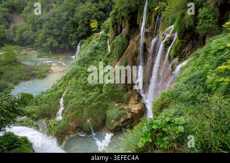Im Nationalpark Plitvicer Seen, Kroatien, stürzen sich atemberaubende Wasserfälle hinunter in üppig grüne Klippen in türkisfarbene Seen Stockfoto