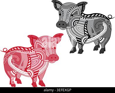 Zwei künstlerische Schweinebildationen, die komplizierte Muster zeigen. Beide weisen eine Vielzahl von Wirbeln, Spiralen und geometrischen Designs auf. Stock Vektor