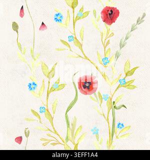 Aquarellmohn und Vergissmeinnicht nahtloses Muster, zarter floraler botanischer Hintergrund mit roten und blauen Wildblumen, handgemalt romantisch Stockfoto