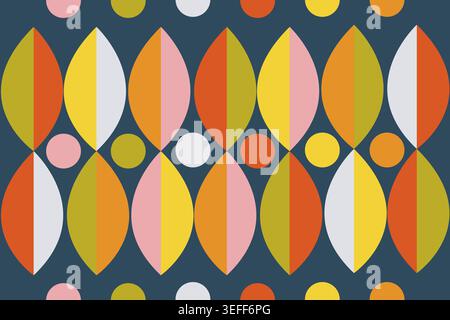 Auffälliges geometrisches Retro-Muster mit großen ovalen Blattformen und Kreisen in Orange, Pink und Gelb auf dunklem blauem Hintergrund, moderne Mitte des Jahrhunderts-Stil Stockfoto