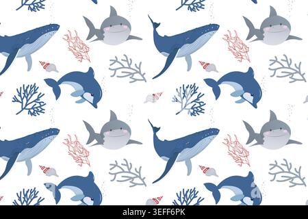 Nahtloses Muster mit niedlichen Zeichentricktieren, darunter Wale, Haie, Delfine, Korallen und Muscheln auf weißem Hintergrund, Kinder Meeresleben illustrat Stockfoto