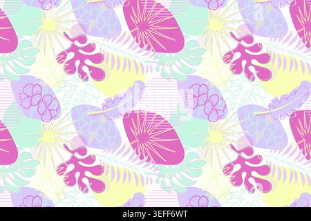 Nahtloses tropisches Muster mit knalligen rosa und pastellfarbenen Monsterablättern, Palmenwedeln und Hibiskusblüten in Magenta-, Petrol- und Lila-Tönen sowie farbenfrohem Jung Stockfoto