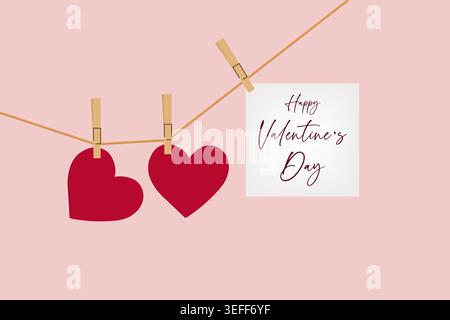 Zwei rote Herzen und Happy Valentine's Day Karte hängt an Schnur mit hölzernen Kleiderschalen auf rosa Hintergrund, romantische Feiertagsvektorillustration Stockfoto