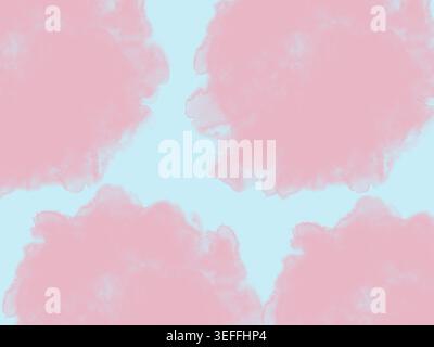 Abstraktes Design mit vier großen, zarten rosa Aquarellflecken auf hellblauem Hintergrund. Die rosafarbenen Bereiche haben unregelmäßige, wolkenartige Kanten, Kreation Stockfoto