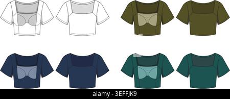 Frauen quadratischer Ausschnitt kurz Oberteil T-Shirt Mode Bekleidung Vektor Illustration Sammlung Pack mehrere Farben Stock Vektor