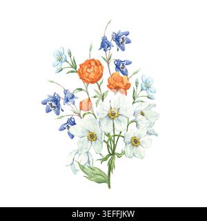 Eine zarte Aquarellkomposition mit Anemonen, Balsamblüten und blauen columbinenblüten Stockfoto