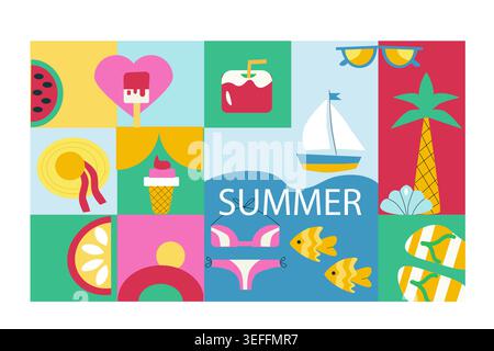 Geometrischer Sommerhintergrund in minimalistischem flachem Stil. Farbenfrohes Sommerzeitkonzept für Werbebanner, Poster und anderes Werbedesign. Sommerurlaub, Hintergrund für Strandurlaub. Stock Vektor