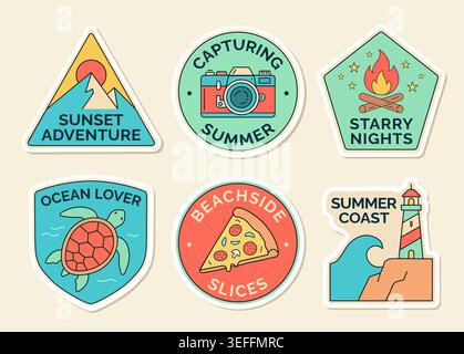 Sommer Adventure Travel Stickers Set mit Camping- und Strandsymbolen Stock Vektor