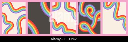 Queer Pride Poster mit Regenbogenwelle im Retro-Stil der 70er Jahre und psychedelischer Kurve. Minimalistische LGBTQ Galerie Wandkunst, grooviges modernes vertikales Banner aus der Mitte des Jahrhunderts Stock Vektor