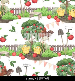 Ein Muster mit einem Hahn, der Äpfel in einem Obstgarten pflückt Stockfoto