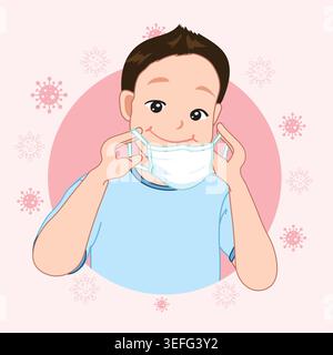 Junge, der medizinische Gesichtsmaske für Virenschutz und Hygiene-Karikaturillustration aufsetzt Stock Vektor