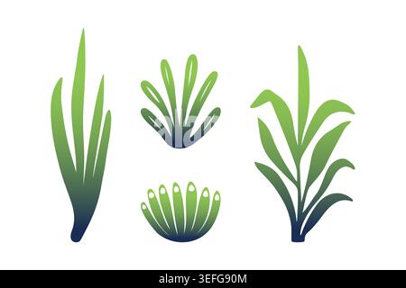 Grüne und dunkelblaue Gradienten Meeresalgen Elemente Vektor-Illustration Set isoliert auf weißem Hintergrund für Aquariumdekoration, Kinderbuch illus Stock Vektor