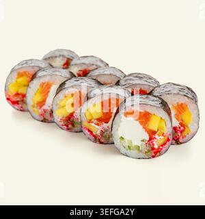 Set mit frischen Sushi-Brötchen mit Lachs und Mango Stockfoto