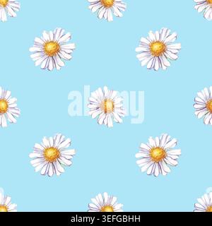 Nahtloses Muster mit handgemalten Wasserfarben auf weichem blauem Hintergrund. Diese botanische Illustration mit Kamille ist perfekt Stockfoto