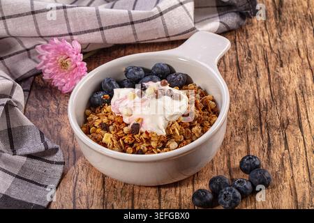 Köstlicher Frühstückssnack mit knusprigem Müsli, cremigem Joghurt und saftigen Heidelbeeren. Garniert mit Schokoladenkugeln, weißen Schokoladenstückchen Stockfoto