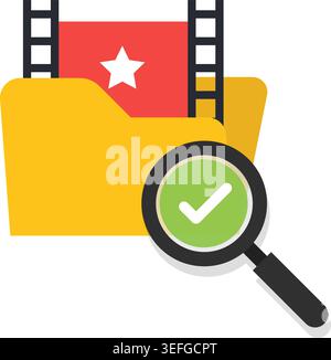 Ein konzeptionelles Symbol einer Filmrolle in einem gelben Ordner, das von einer Lupe mit einem grünen Häkchen geprüft wird. Abbildung: Stock Vektor