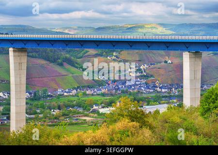 Mosel - Moselschleife bei Trier mit einer großen Autobahnbrücke über das Moseltal Stockfoto