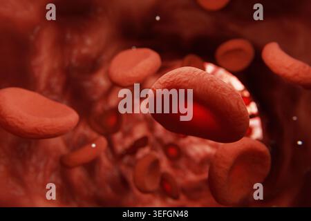 Realistische 3D-Darstellung von Erythrozyten, die durch ein Blutgefäß fließen. Das Bild zeigt eine filmische Perspektive in einer Vene, Hi Stockfoto
