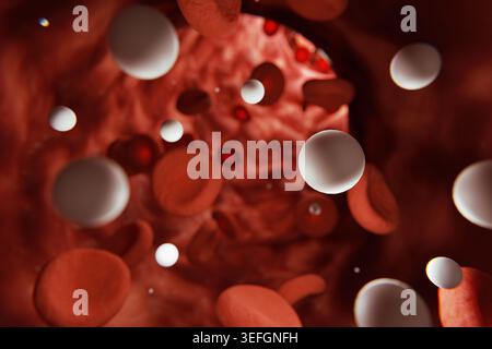 Detaillierte 3D-Darstellung von roten und weißen Blutkörperchen, die durch eine Vene wandern. Diese wissenschaftliche Visualisierung hebt das Immunsystem und den Sauerstoff hervor Stockfoto