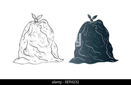 Vektorbeutel voller Müll. Grafische handgezeichnete schwarze Papierkorb-Illustration isoliert auf Hintergrund. Zero Waste, Sustainable Living Konzept. Für Designer, Eco Stock Vektor