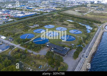 Luftaufnahme der von grünen Bäumen umgebenen kreisförmigen Abwasseraufbereitungsanlagen und Industriegebäude in der Nähe der Küste in Hvidovre, Dänemark. Stockfoto