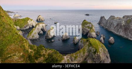 Blick aus der Vogelperspektive auf die zerklüftete Küste mit dramatischen Meeresstapeln und üppigen grünen Klippen mit Blick auf den ruhigen blauen Ozean in der Abenddämmerung Izu, Shizuoka, Japan. Stockfoto