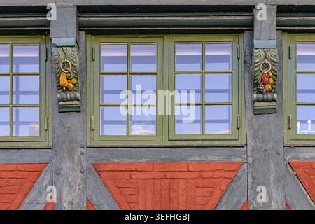 Blick auf die traditionelle Fachwerkfassade mit grünen Fenstern, kunstvoll geschnitzten Holzkonsolen mit Fruchtmotiven und roten Ziegelsteinen in Ribe, den Stockfoto