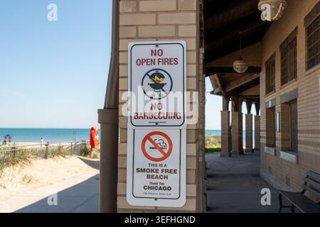 No Open Fires, No Barbecue, No Smoking Sign on a Beach – öffentliche Sicherheit und Vorschriften im öffentlichen Raum der USA Stockfoto