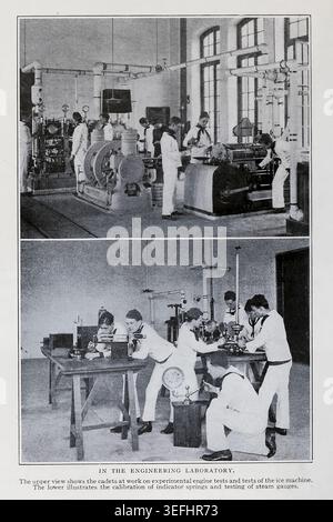 Kadetten arbeiten an experimentellen Motortests und Betriebsverfahren für Eismaschinen in einem Ingenieurlabor und erlernen während ihrer Ausbildung praktische Fertigkeiten und wissenschaftliche Grundlagen. AUS DEM ARTIKEL THE UNITED STATES MARINE ACADEMY ALS INGENIEURSCHULE. Von Walter F. Worthington, Commander, U. S. N. vom Engineering Magazine gewidmet dem Industrial Progress Volume XXXII Oktober 1906 - März 1907 The Engineering Magazine Co. Stockfoto