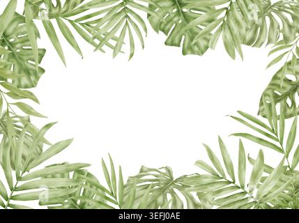 Palmblätter und Monstera-Blumenpostkartenrahmen, handgezeichnete Zeichnung. Aquarellillustration. Blätter von tropischen Bäumen, ein Kranz isoliert auf dem Stockfoto