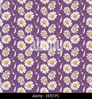 Nahtloses Muster mit Kamillenblüten und zarten weißen Blüten. Vertikale Aquarellabbildung auf violettem Hintergrund. Es ist ideal für Textilien Stockfoto